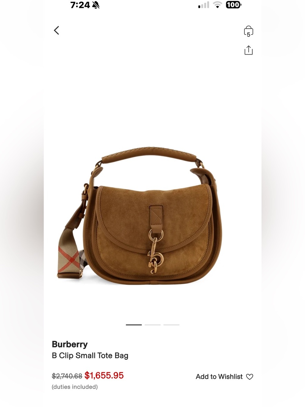 Burberry Suede Saddle Crossbody in Brown with Check Strap - Picture 8 of 8